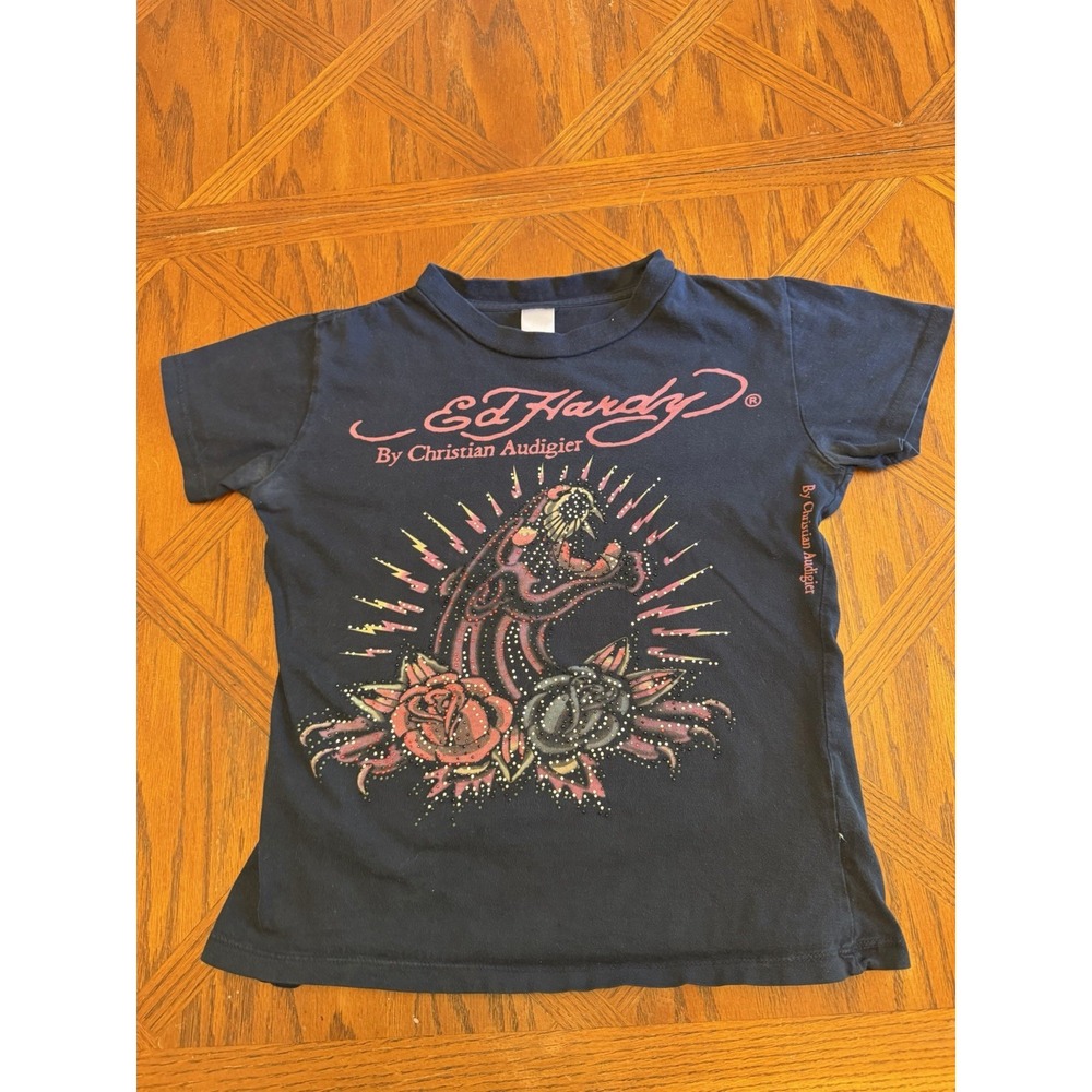 Ed Hardy Christian Audigier Y2K Rhinestone Eagle Roses Black Tee